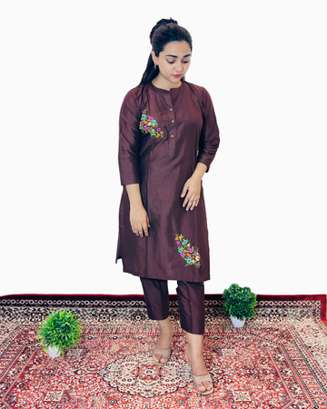 Elegant Brown Embroidered Kurti Set – Cotton Blend
