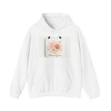 Floral Tote Illustration Hoodie — "Bloom in Grace" Cozy White Pullover
