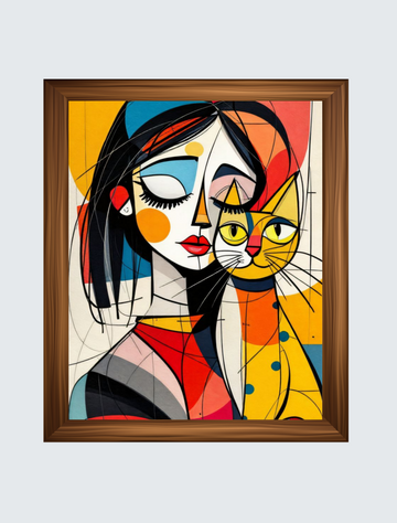 Modern Soulmates – Abstract Woman & Cat Framed Wall Art by Wisdom Creators