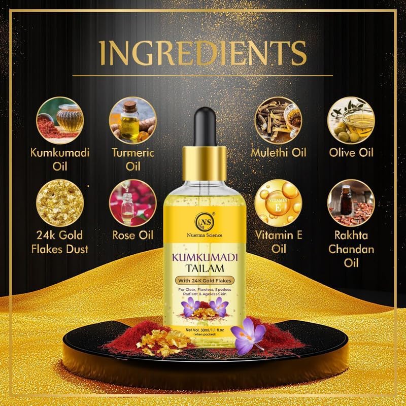 Kumkumadi Tailam with 24K Gold Flakes — Face Serum for Glowing Skin (30ml)