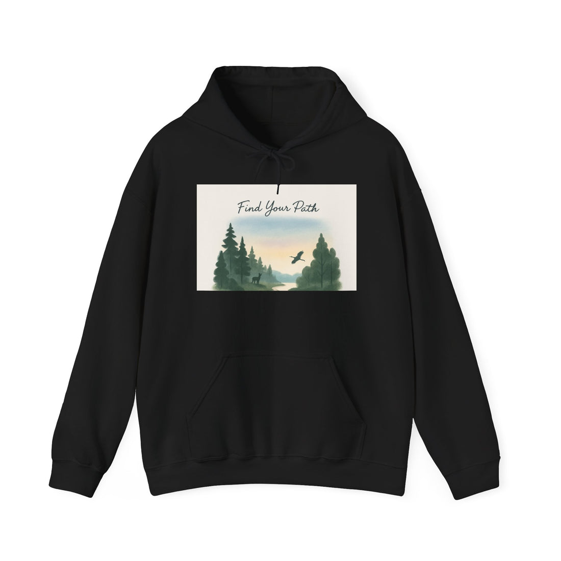 Nature Sunset Hoodie - Serene Lake Landscape with Flying Bird