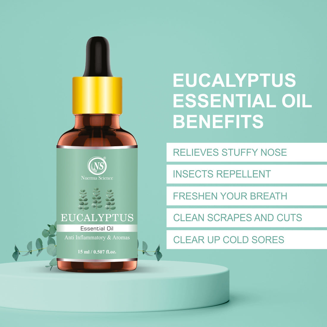 Eucalyptus Essential Oil For Cold, Fresh Breathing & Joints Pain - 15ml