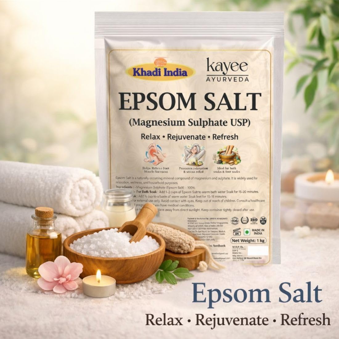 Epsom Salt — Pure Magnesium Sulphate for Bath Soak, Foot Soak & Muscle Pain Relief (1 Kg)