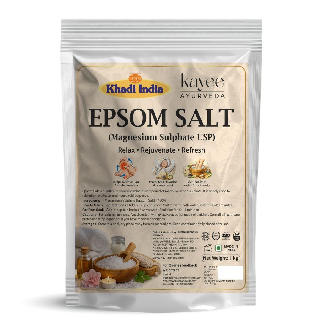 Epsom Salt — Pure Magnesium Sulphate for Bath Soak, Foot Soak & Muscle Pain Relief (1 Kg)