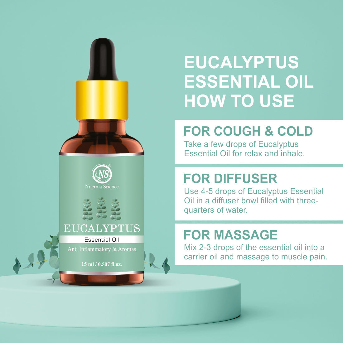 Eucalyptus Essential Oil For Cold, Fresh Breathing & Joints Pain - 15ml