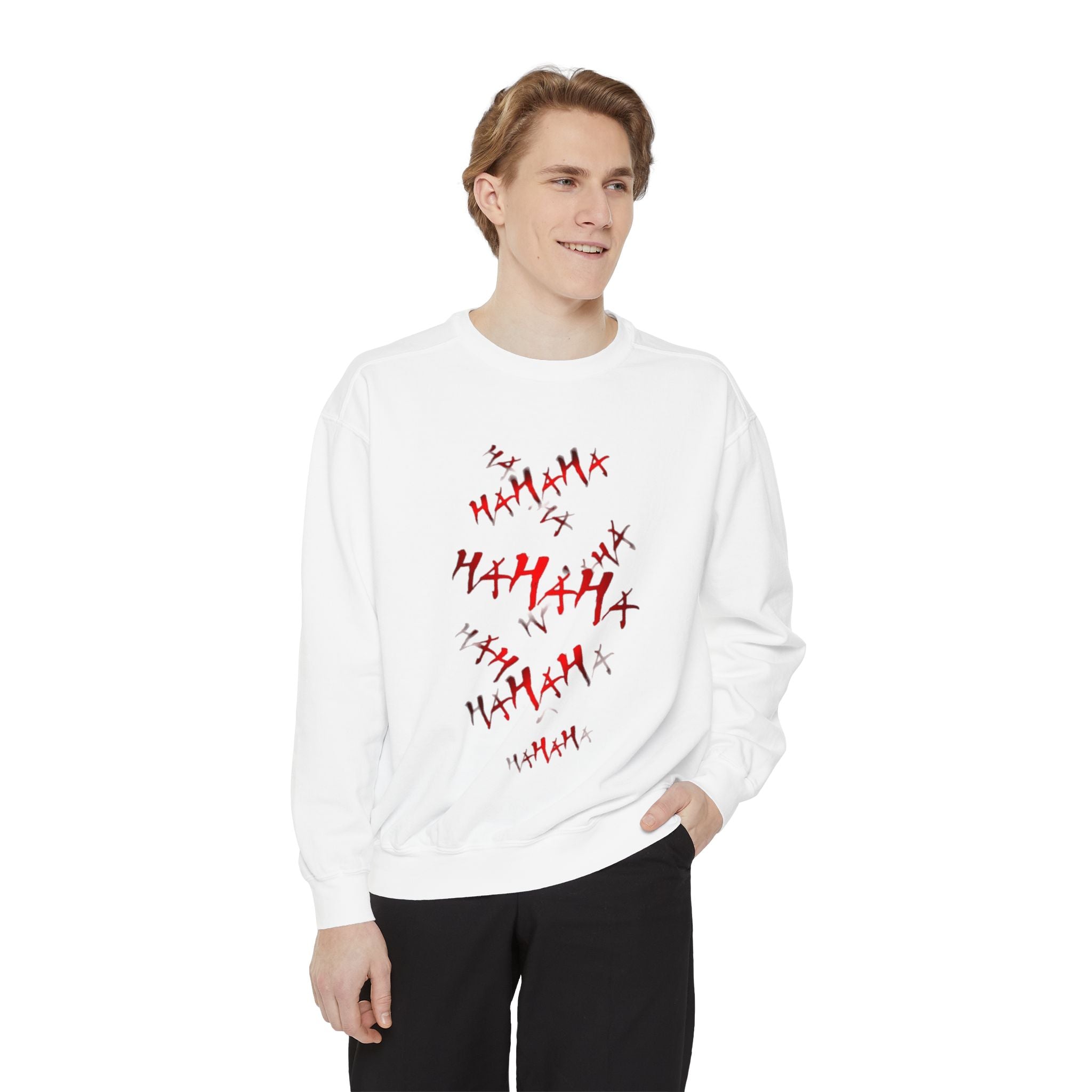 Sweatshirt — Red 'HA HA HA' Distressed Laugh Graphic