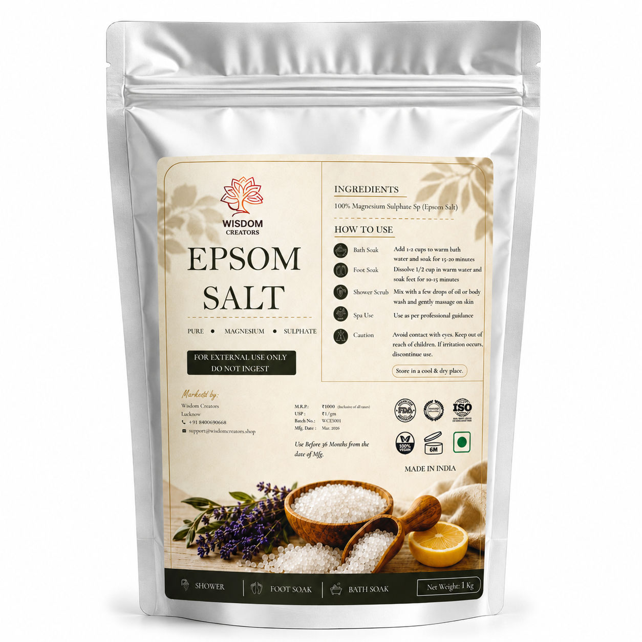 Epsom Salt - Pure Magnesium Sulfate for Bath, Spa & Foot Soak (1 Kg) - Wisdom Creators