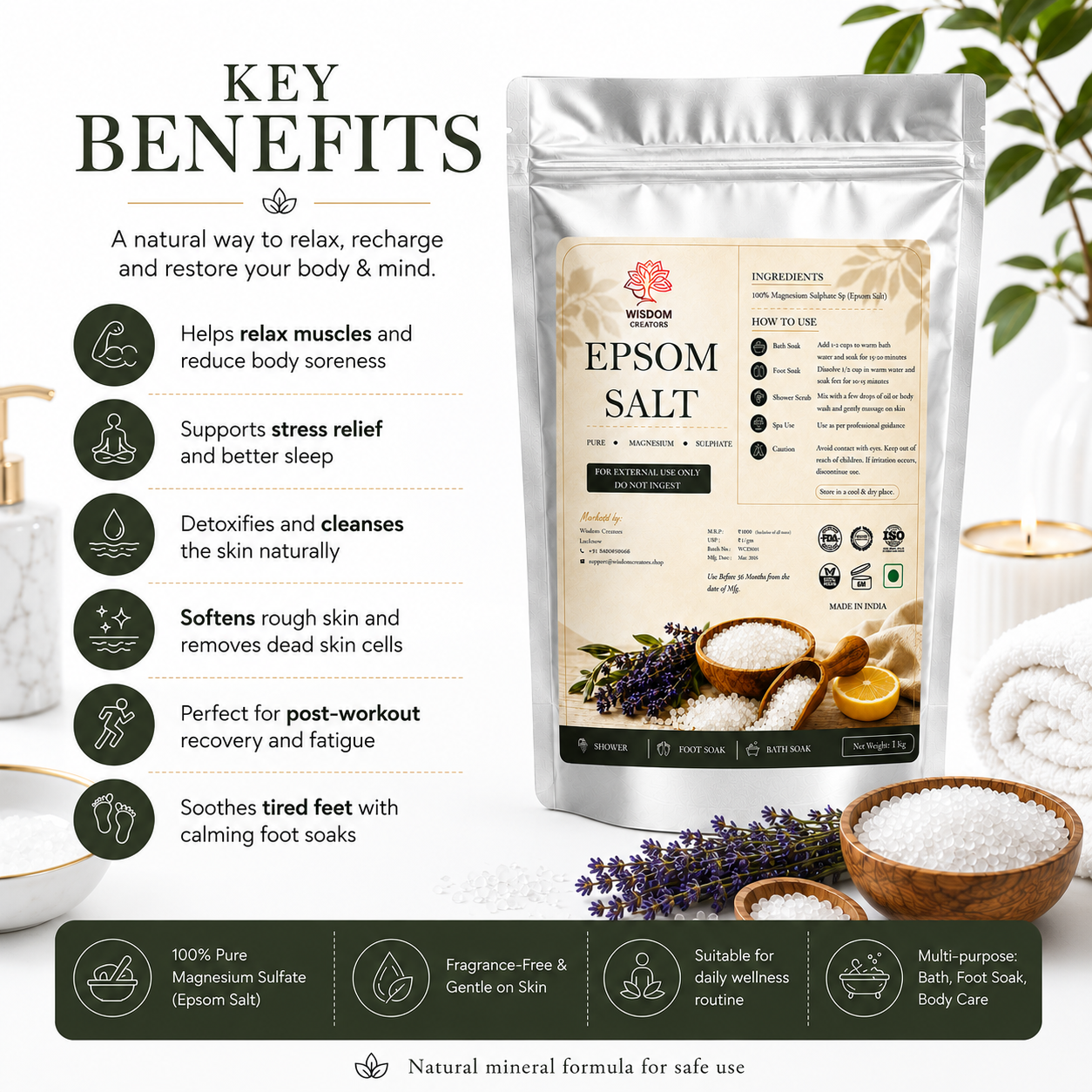 Epsom Salt - Pure Magnesium Sulfate for Bath, Spa & Foot Soak (1 Kg)