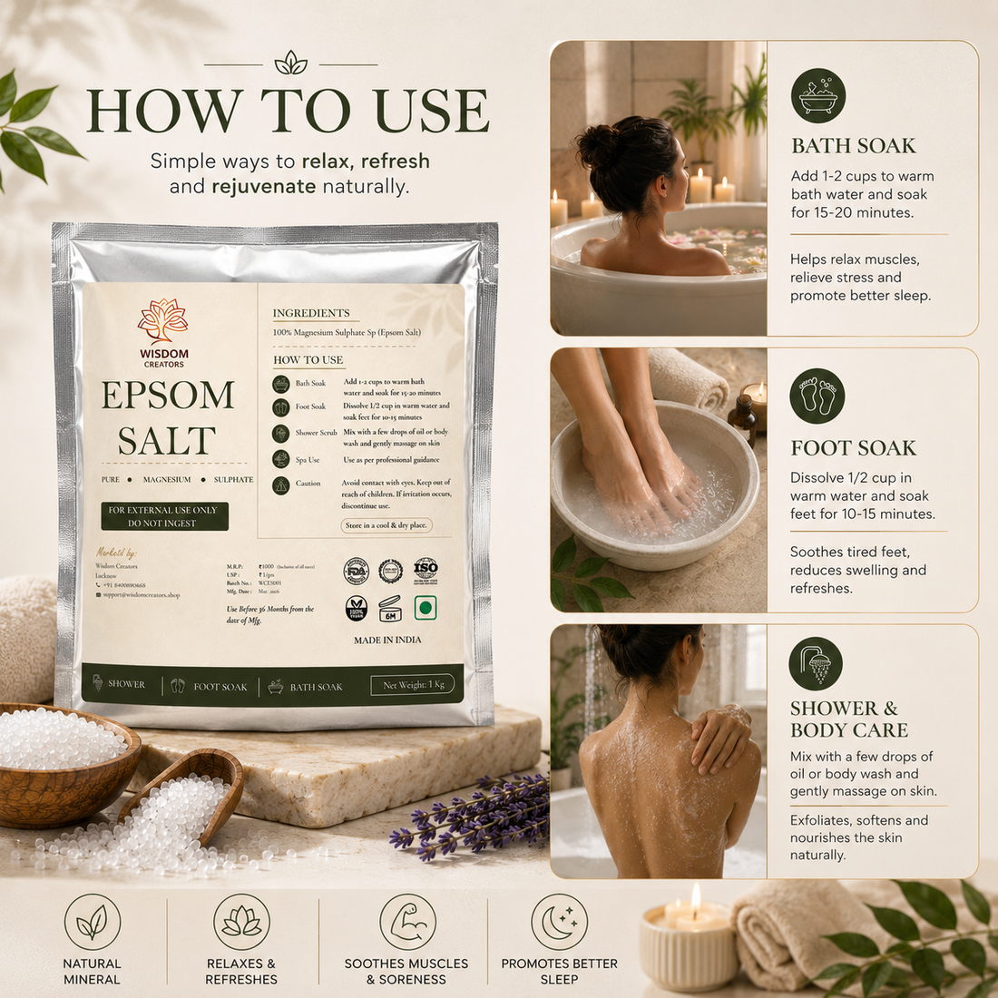 Epsom Salt - Pure Magnesium Sulfate for Bath, Spa & Foot Soak (1 Kg) - Wisdom Creators