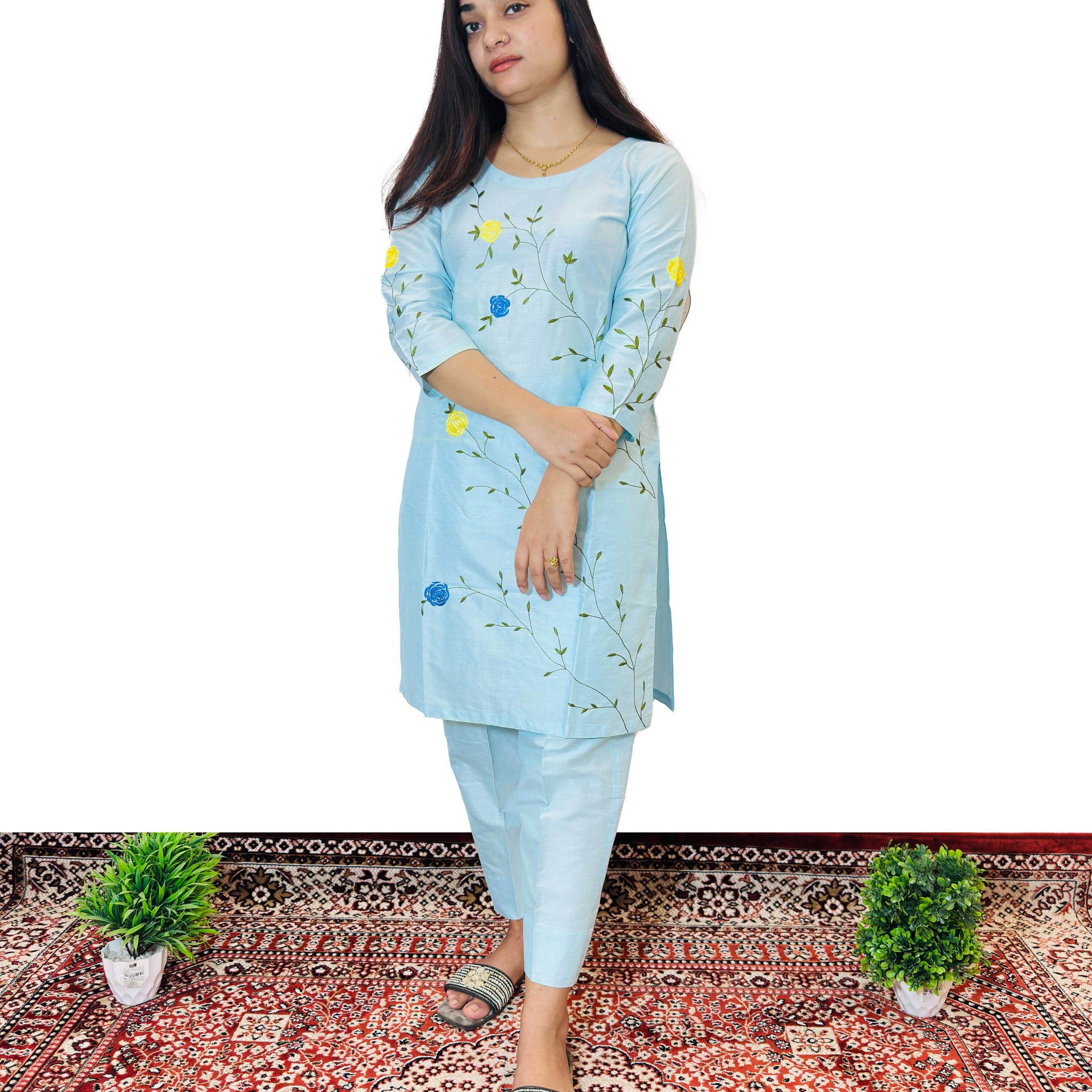 Elegant Light Blue Floral Embroidered Kurti Set for Women