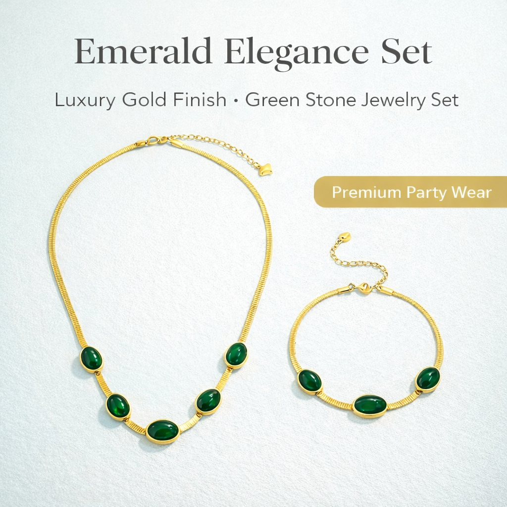 Oval Green Crystal Pendant Necklace Set With Bracelet