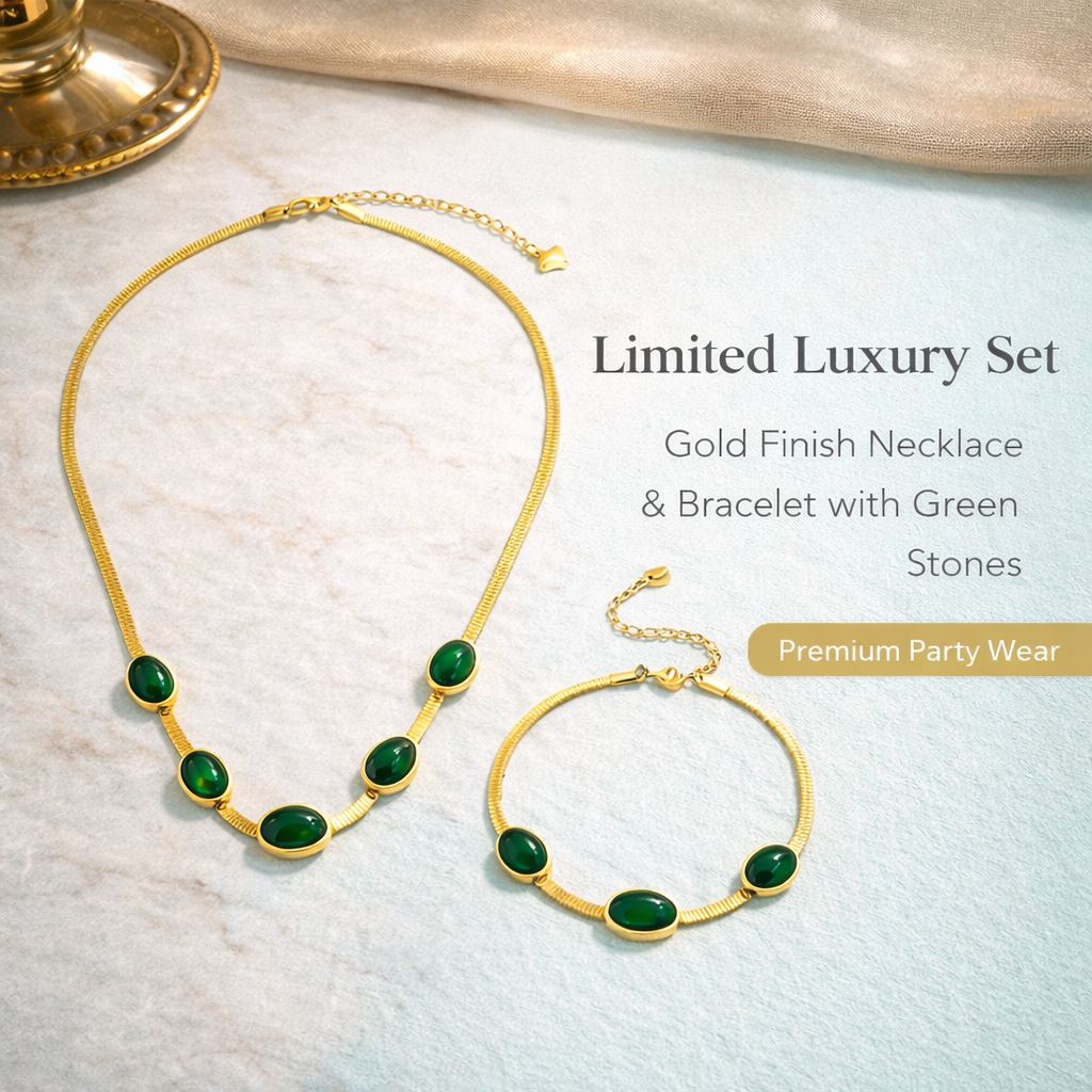 Oval Green Crystal Pendant Necklace Set With Bracelet