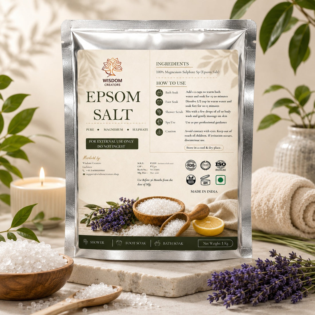 Wisdom Creators Epsom Salt 1 Kg - pure magnesium sulphate for bath, foot soak & muscle pain relief