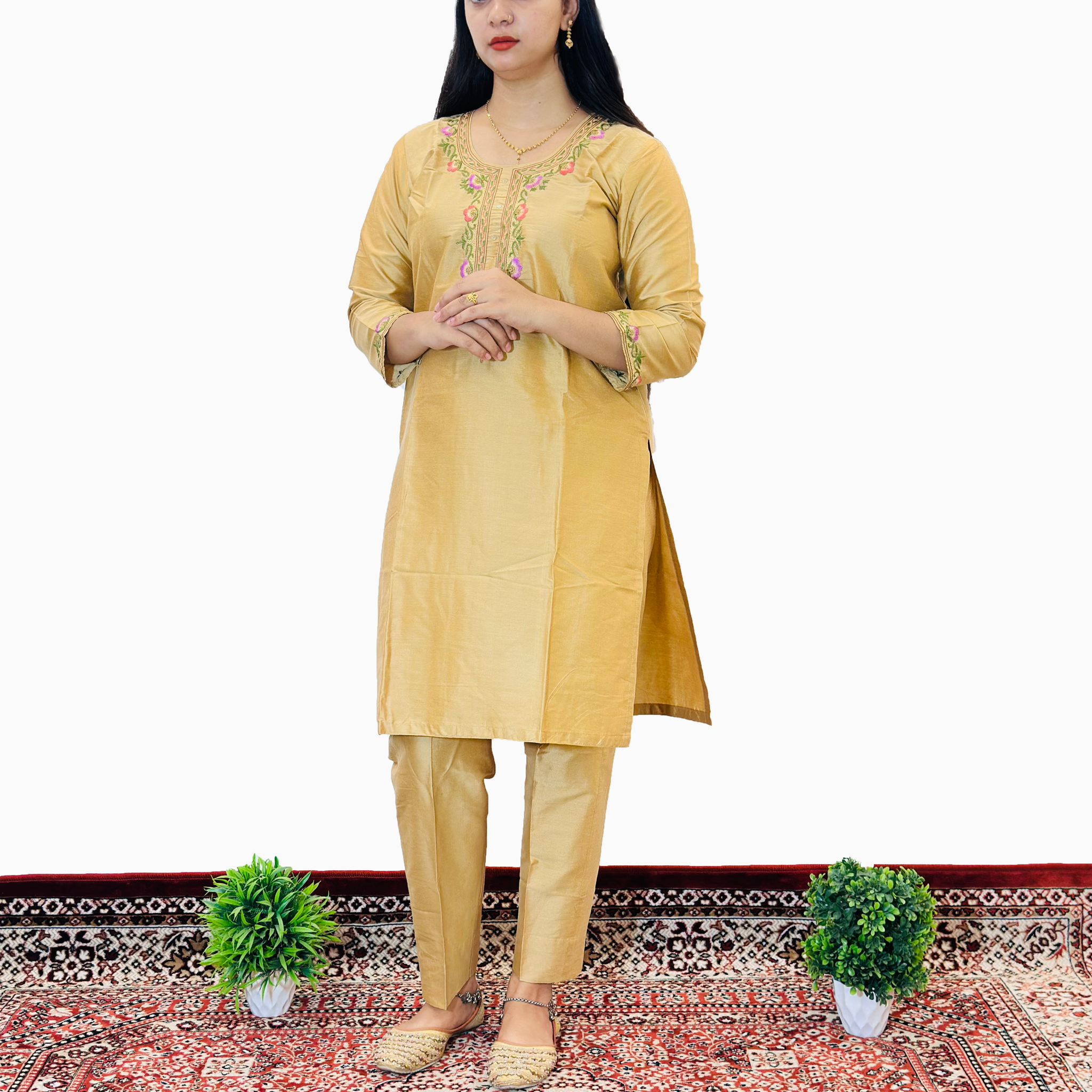 Golden Mustard Embroidered Kurti Set