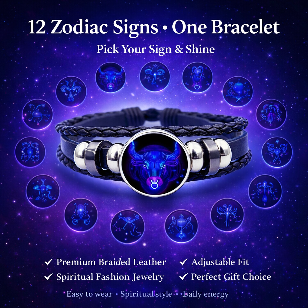 Zodiac Constellation Braided Design Black Leather Bracelet Adjustable