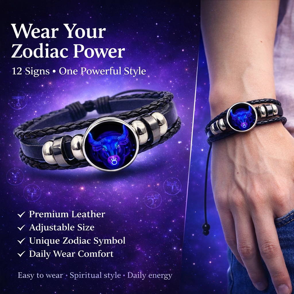 Zodiac Constellation Braided Design Black Leather Bracelet Adjustable